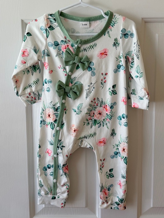 Other - Floral Bow Snap-Front Baby One-Piece - White & Green